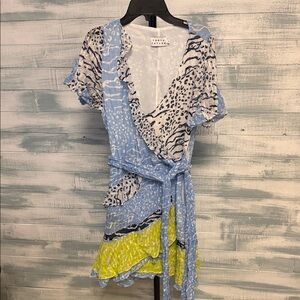 Tanya Taylor Silk Blend Wrap Dress Size 8 Blue Animal Print Ruffle Hem